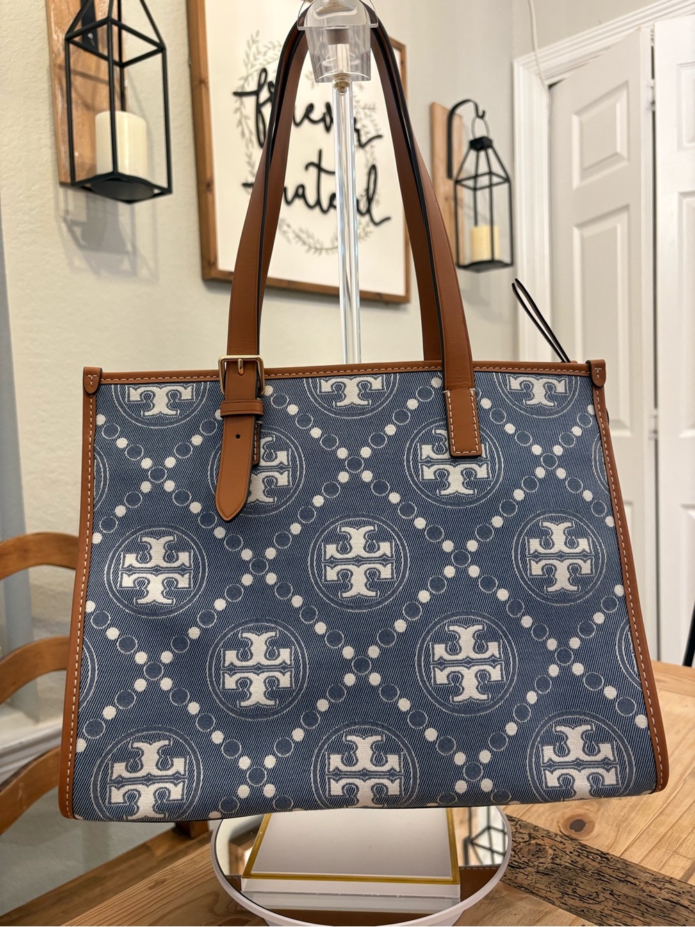 Tory Burch Ella Canvas Tote in Blue and Tan